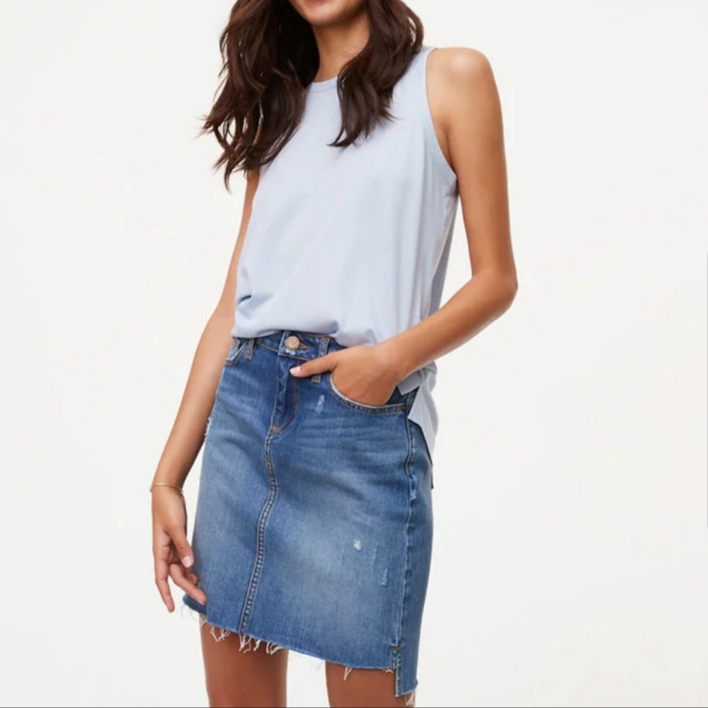 Loft Distressed Raw Step Hem Denim Mini Skirt
